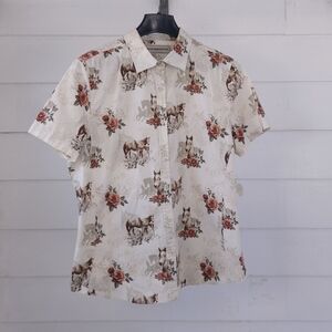 Bit & Bridle XL Button Down Shirt Horses & Roses Equestrian Floral Western Top